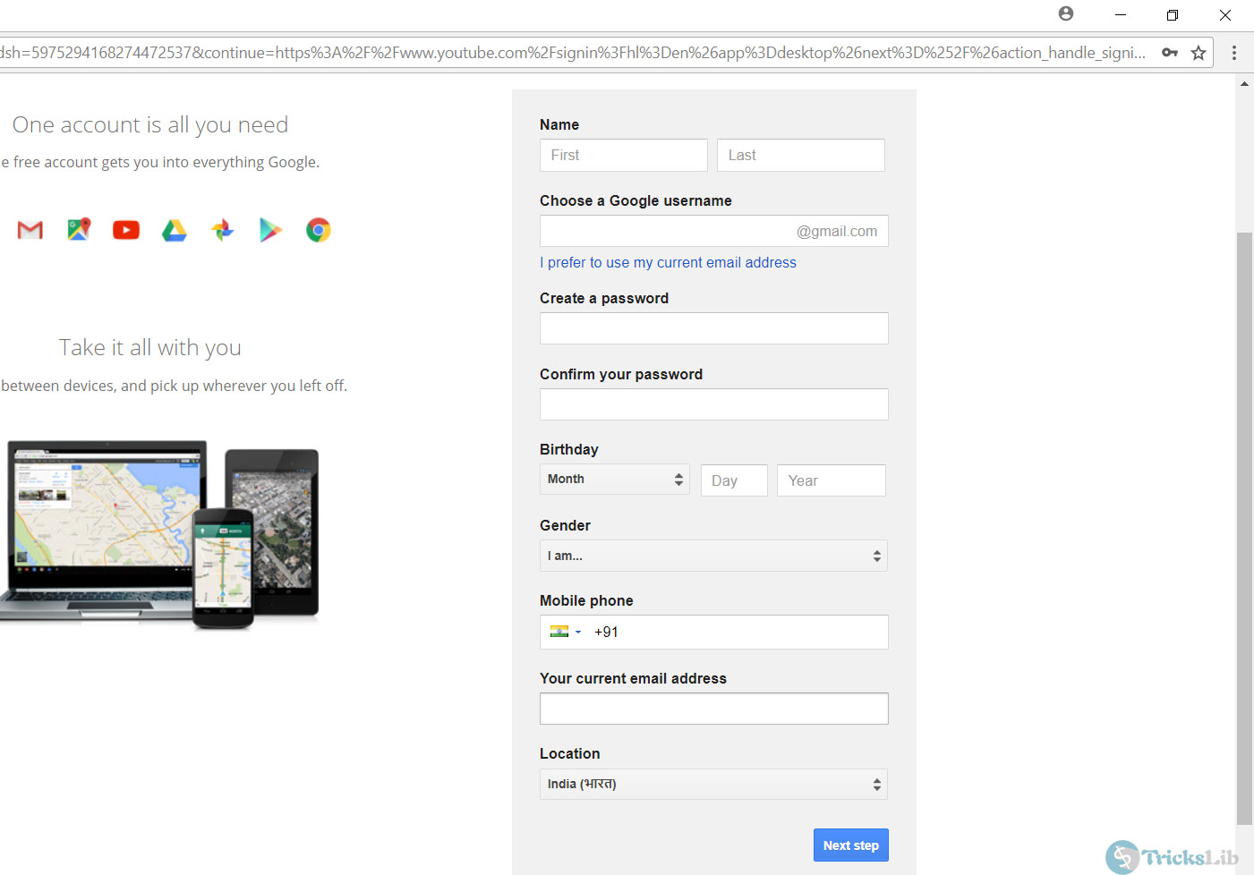 Google Sign Up Page